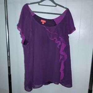 Elle pink purple asymmetrical ruffle blouse Sz 3X flutter sleeve scoop neck